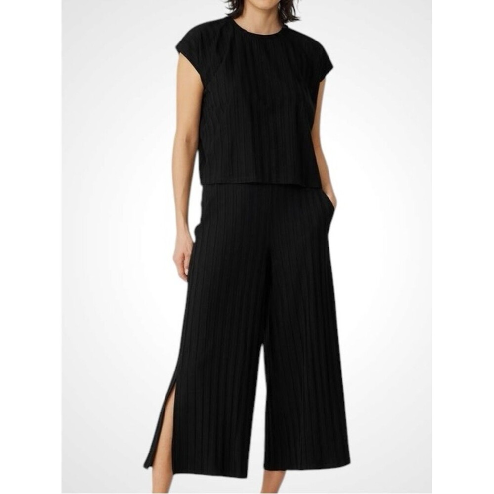 Eileen Fisher Black Ribbed Wide-Leg Cropped Pants with Side Slits NWOT Size M
